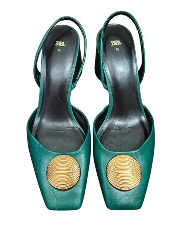 ZARA Green Leather Slingback Heels Gold Medallion Block Heel Women’s EU 41 US 10 - Picture 1 of 15